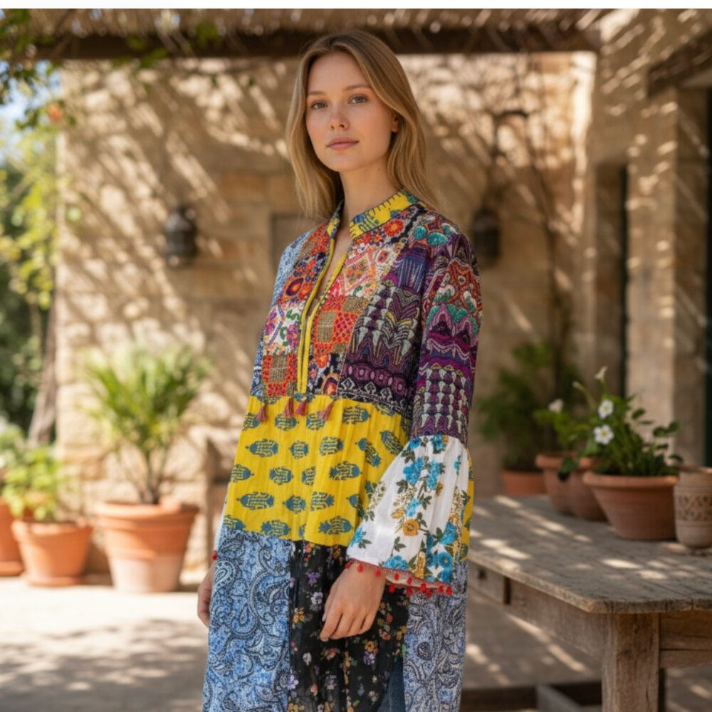 NWT Yellow Floral Patchwork Bell-Sleeve Peasant Tunic Dress Bohemian